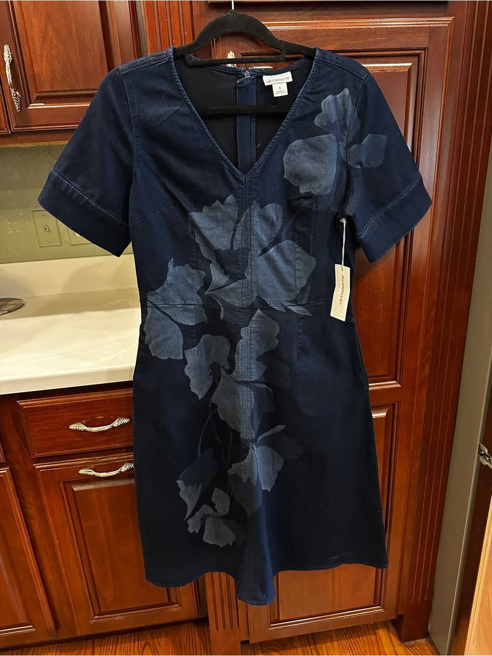 Liz  Claiborne Floral V-Neck Short Sleeve Denim Dress with pockets